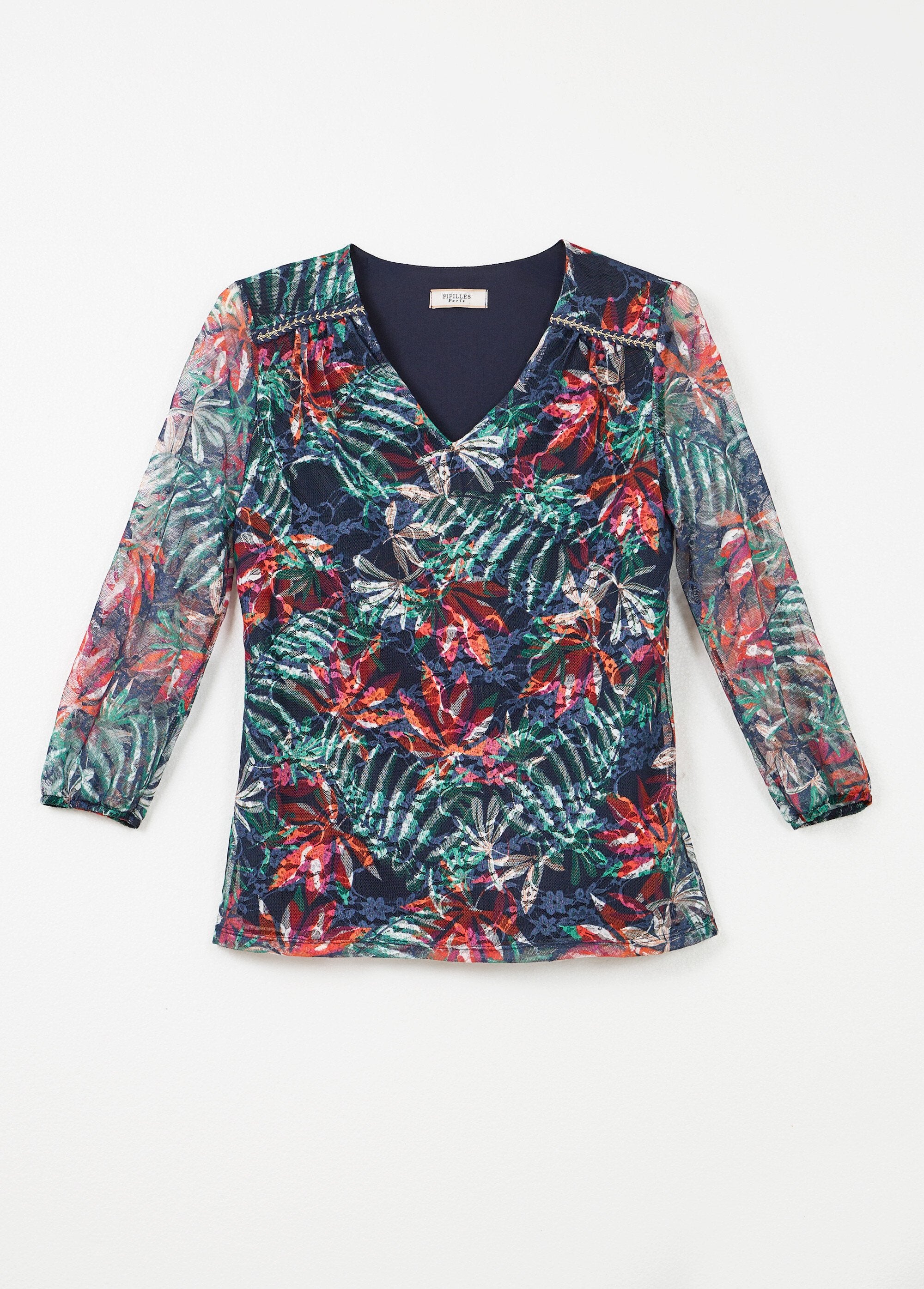 Camiseta_de_cuello_en_V_con_malla_de_encaje_estampada_Azul_marino_y_naranja_AP1_slim