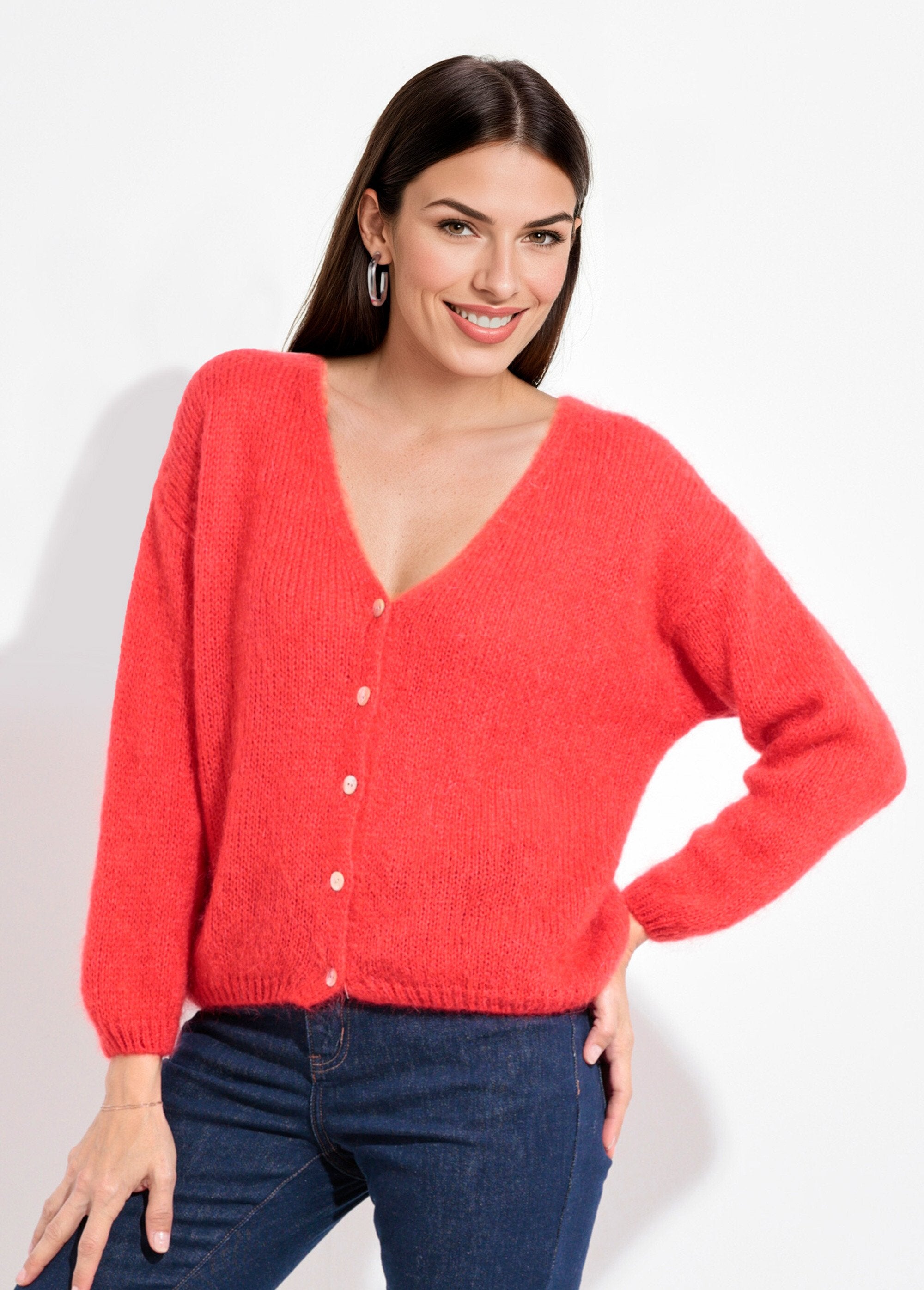Gilet_chaud_maille_douce_mohair_col_V_Rouge_corail_FA1_slim
