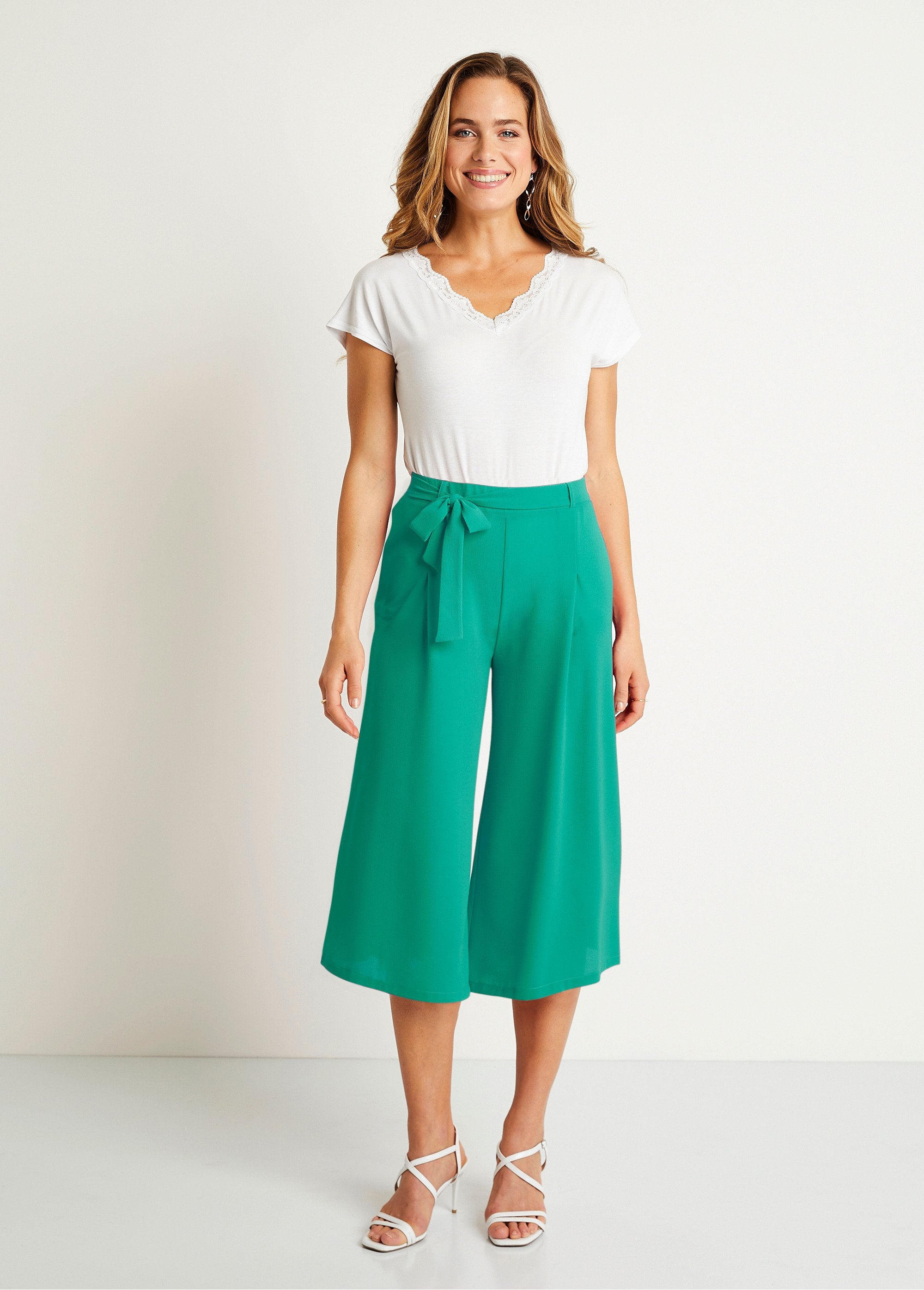 Pantalón_culotte_largo_cintura_elástica_Verde_liso_SF1_slim