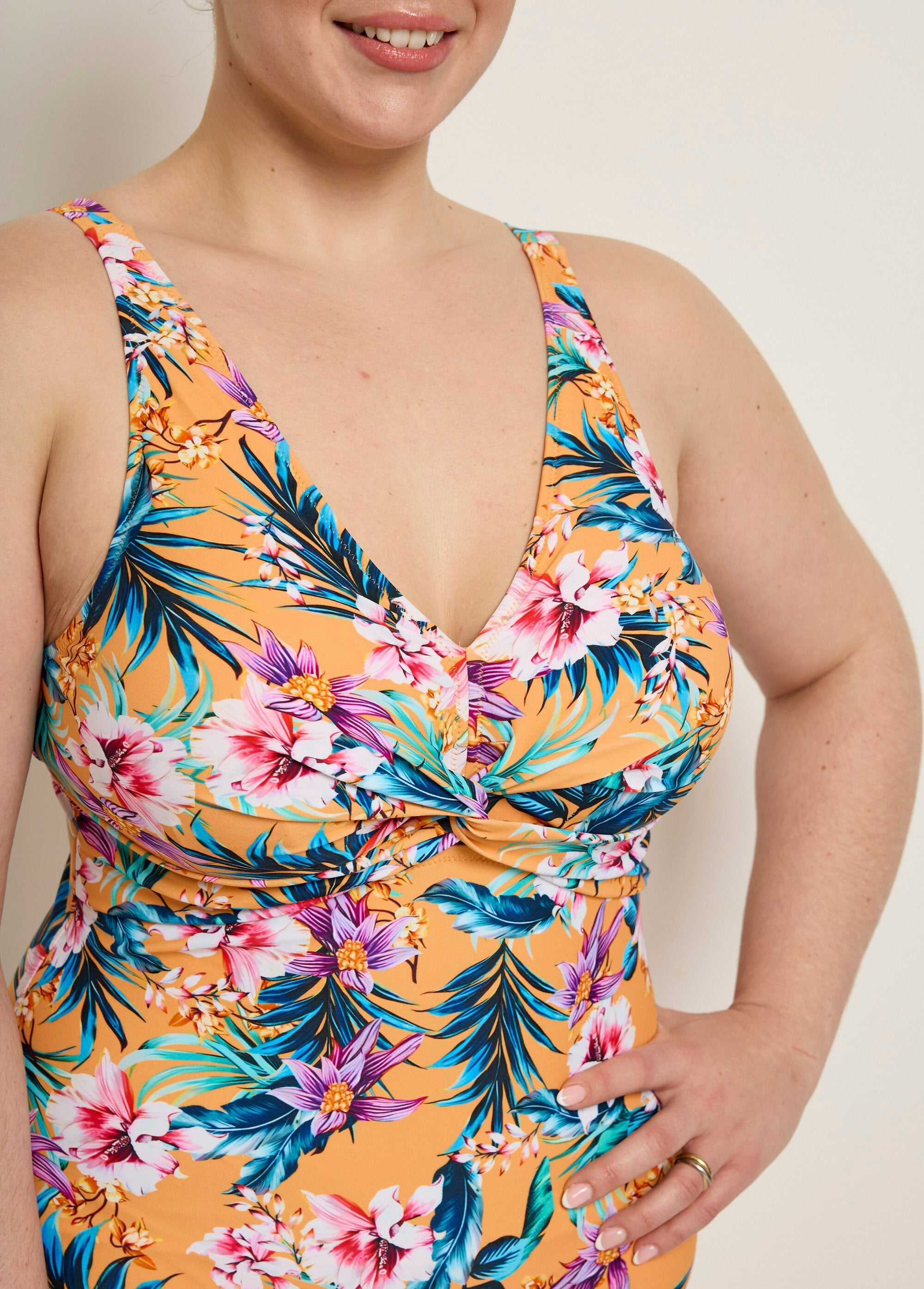 Maillot_de_bain_drapé_1_pièce,_exotique_Orange_imprime_DE1_curvy