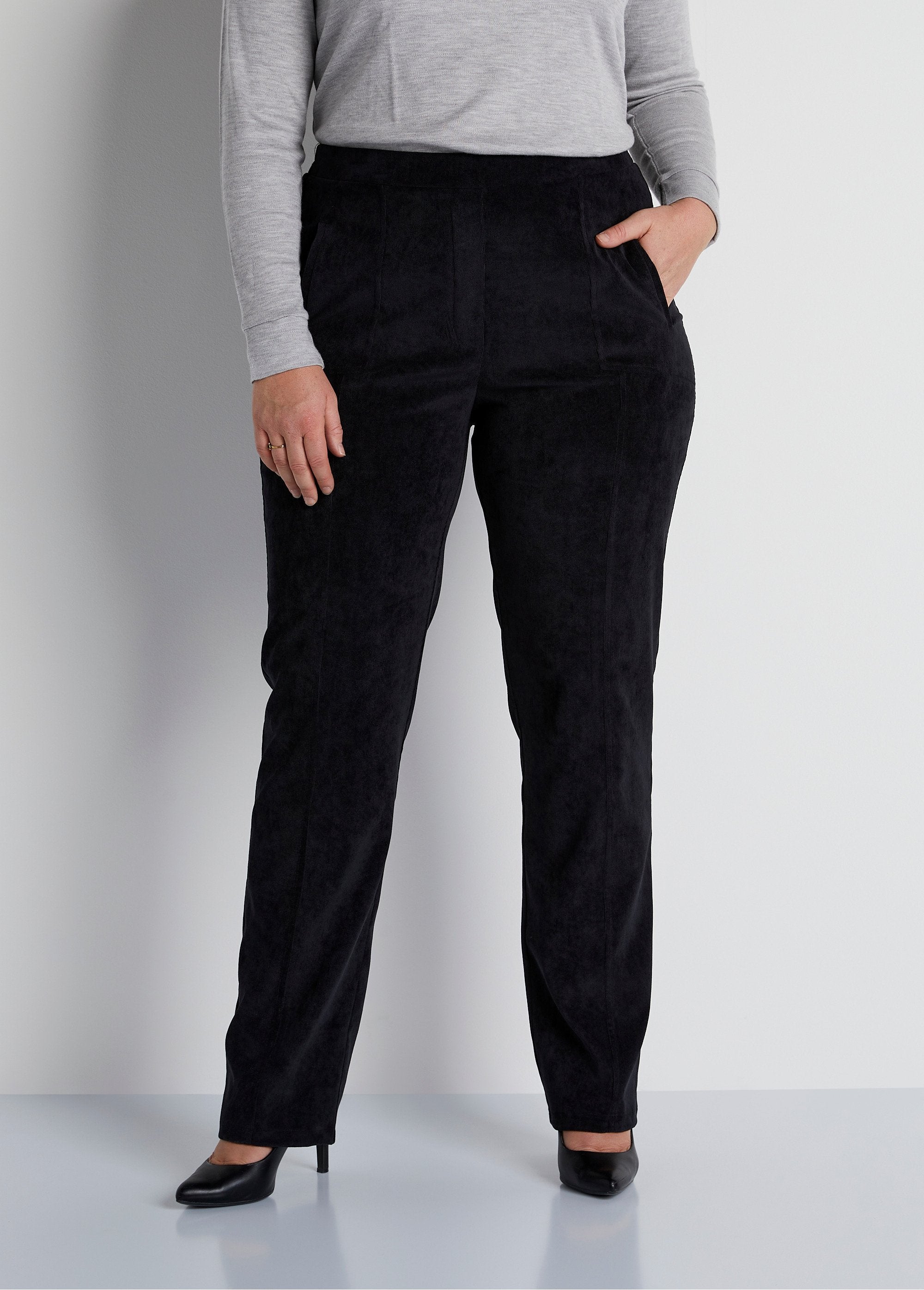 Pantalón_recto_con_cintura_elástica_y_terciopelo_milrayas_Negro_FA1_curvy