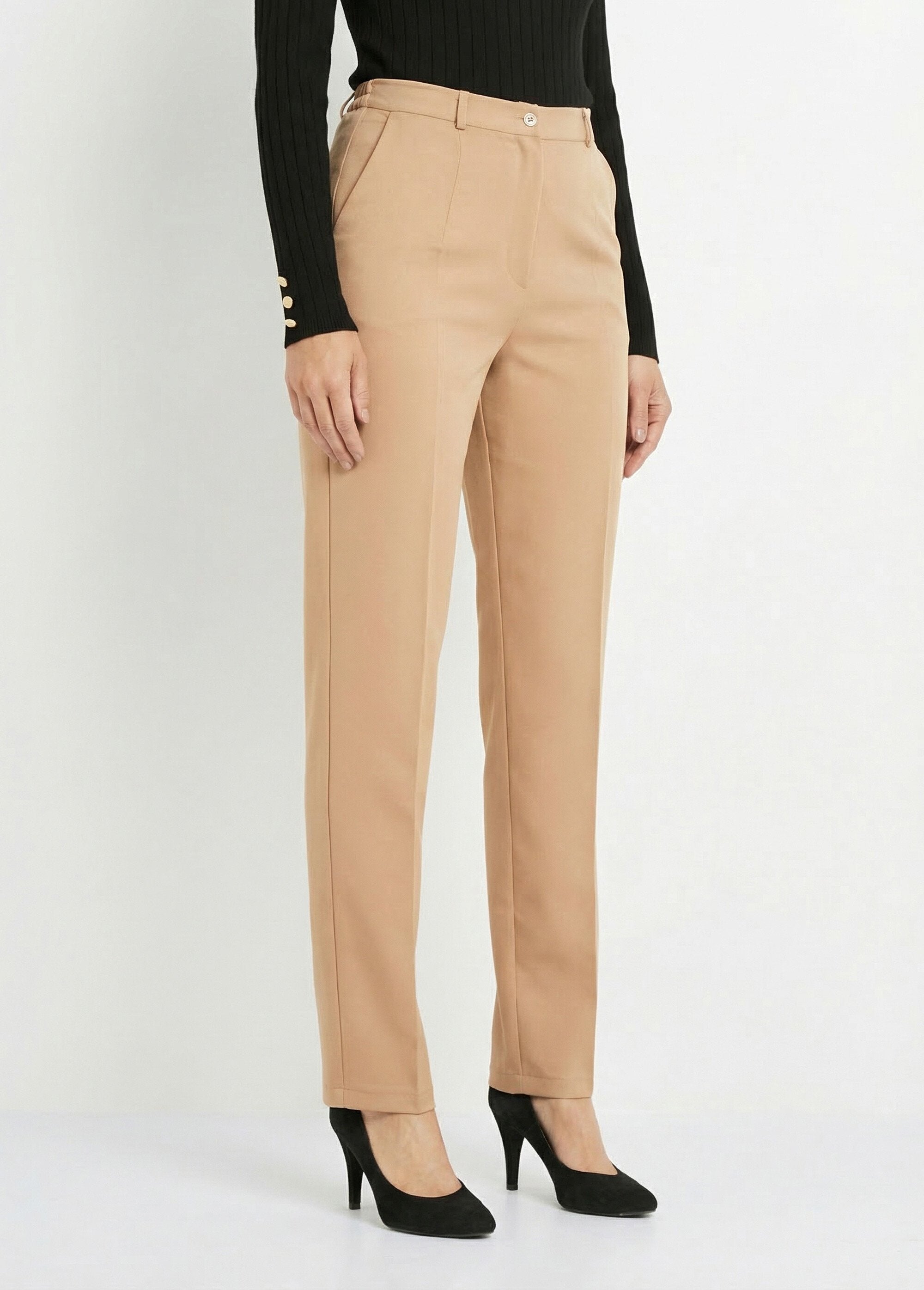 Pantalón_recto_liso_con_cintura_semielástica_Beige_FA1_slim