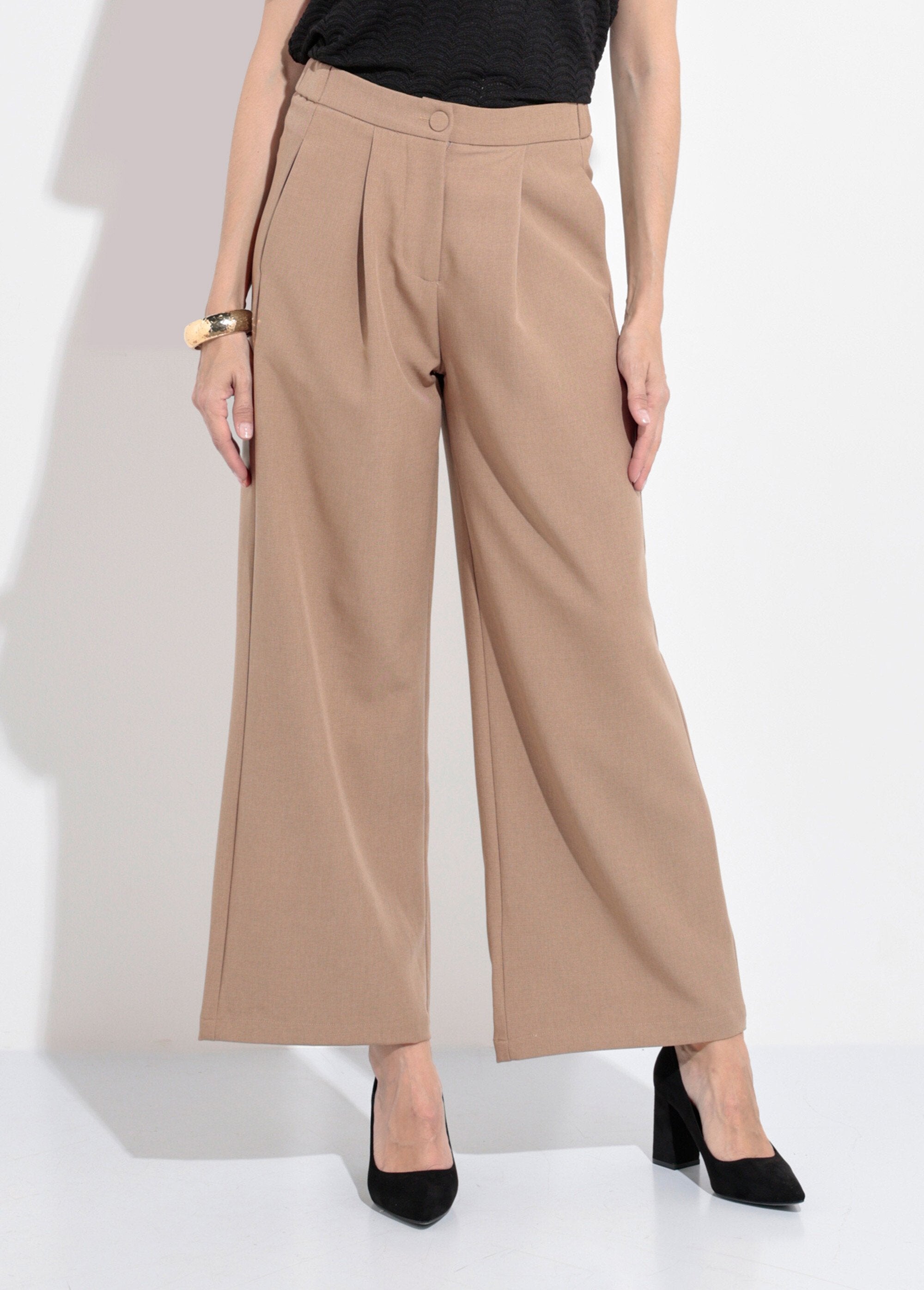 Pantalon_tailleur_fluide_élastiqué_Beige_FA1_slim