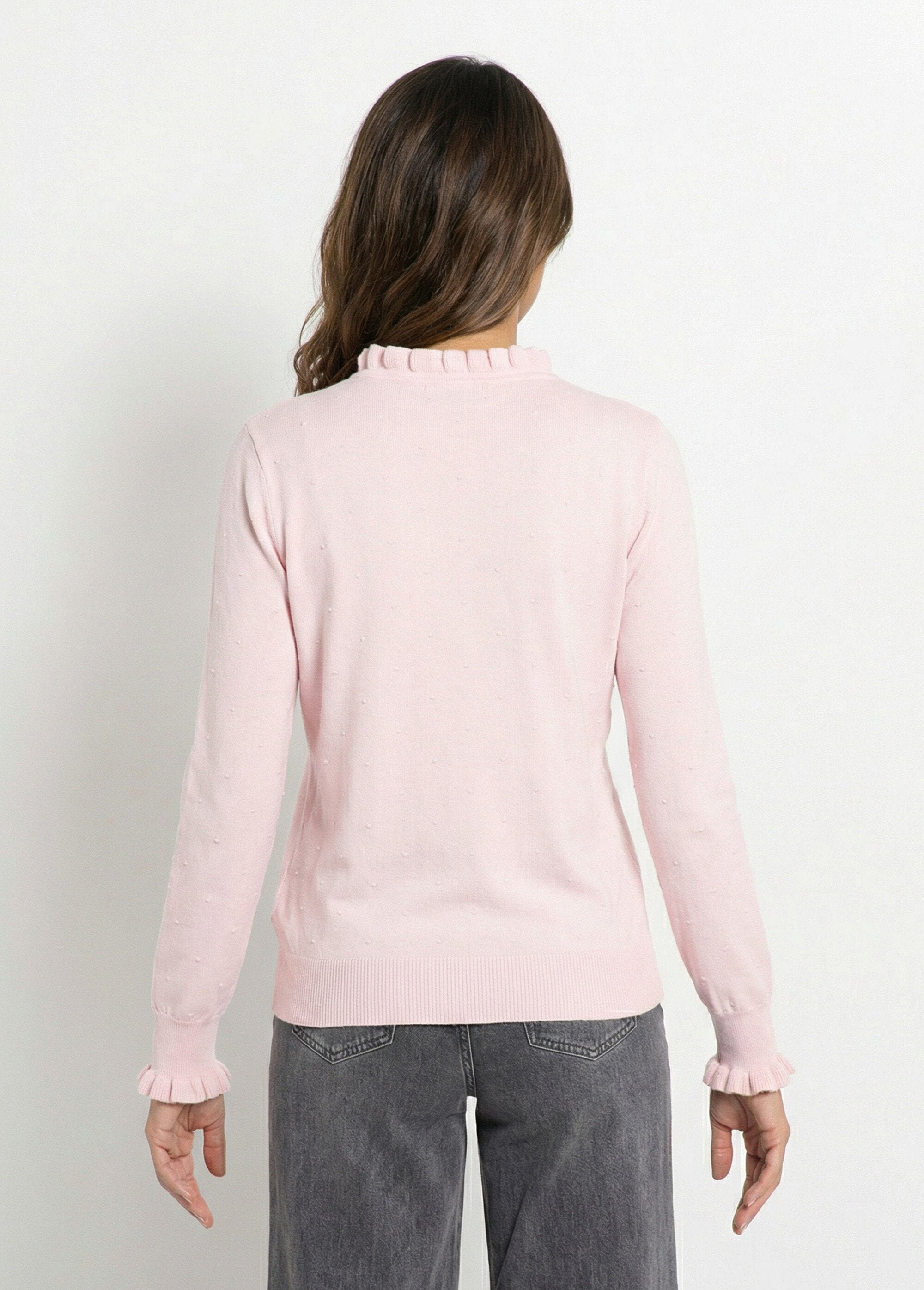 Pull_col_montant_plissé_maille_plumetis_Rose_DO1_slim