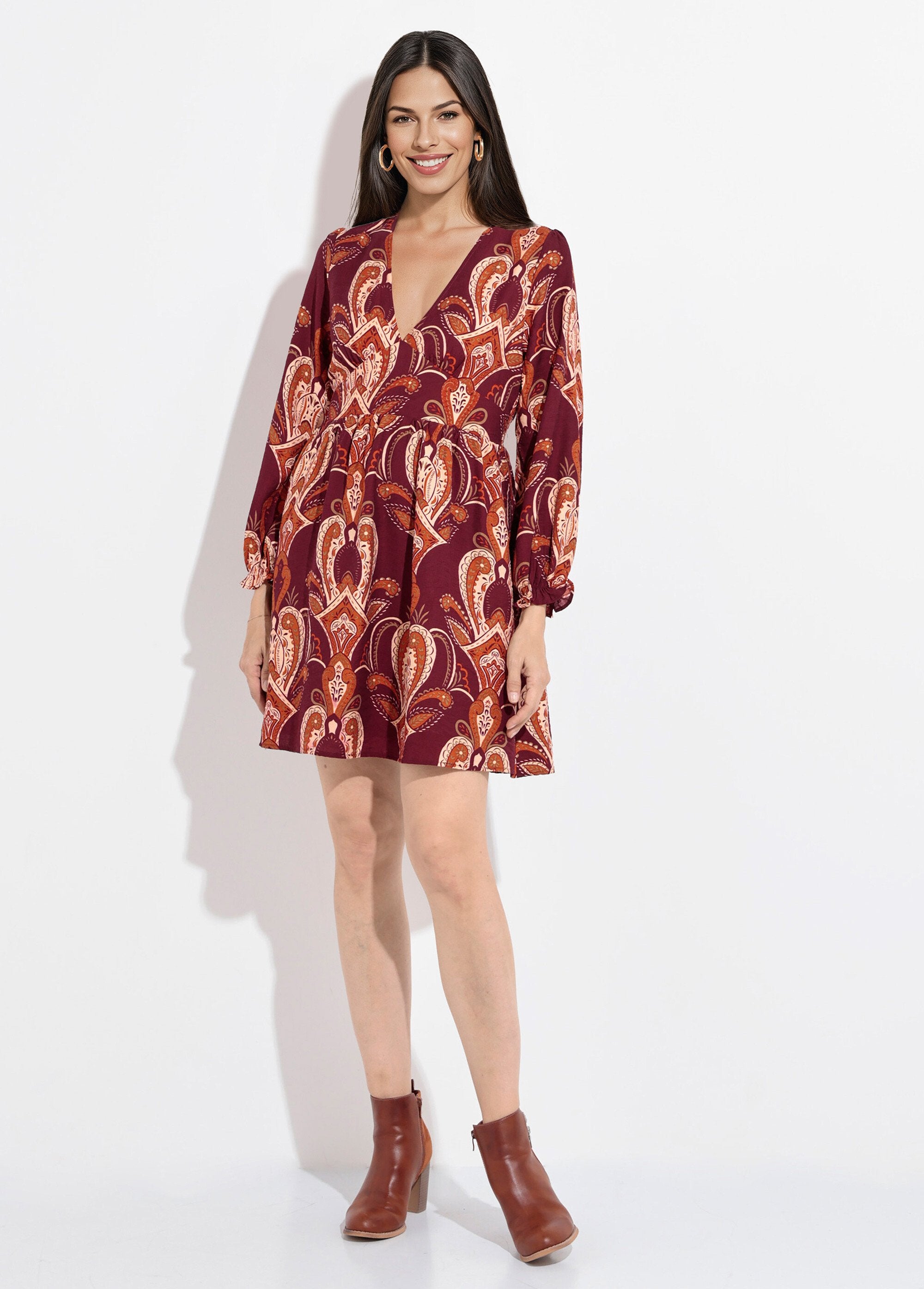 Robe_courte_col_V_imprimé_cachemire_Bordeaux_FA1_slim